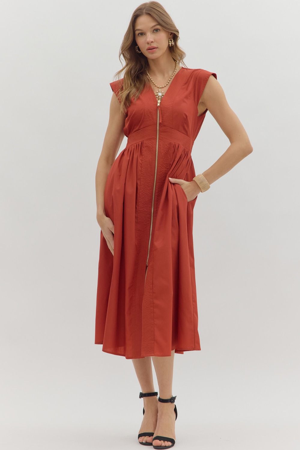 V-Neck Midi Dress in Brick