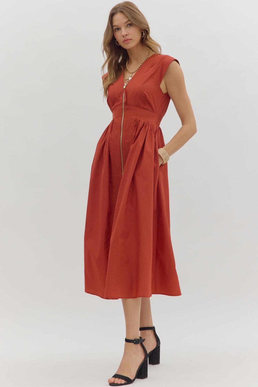 V-Neck Midi Dress in Brick