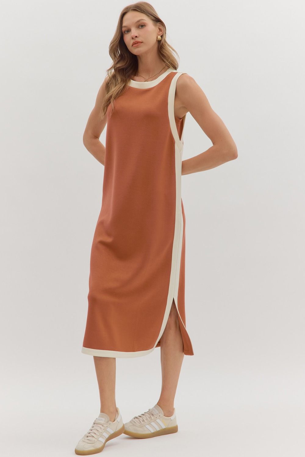 Contrast Stripe Midi Dress in Clay