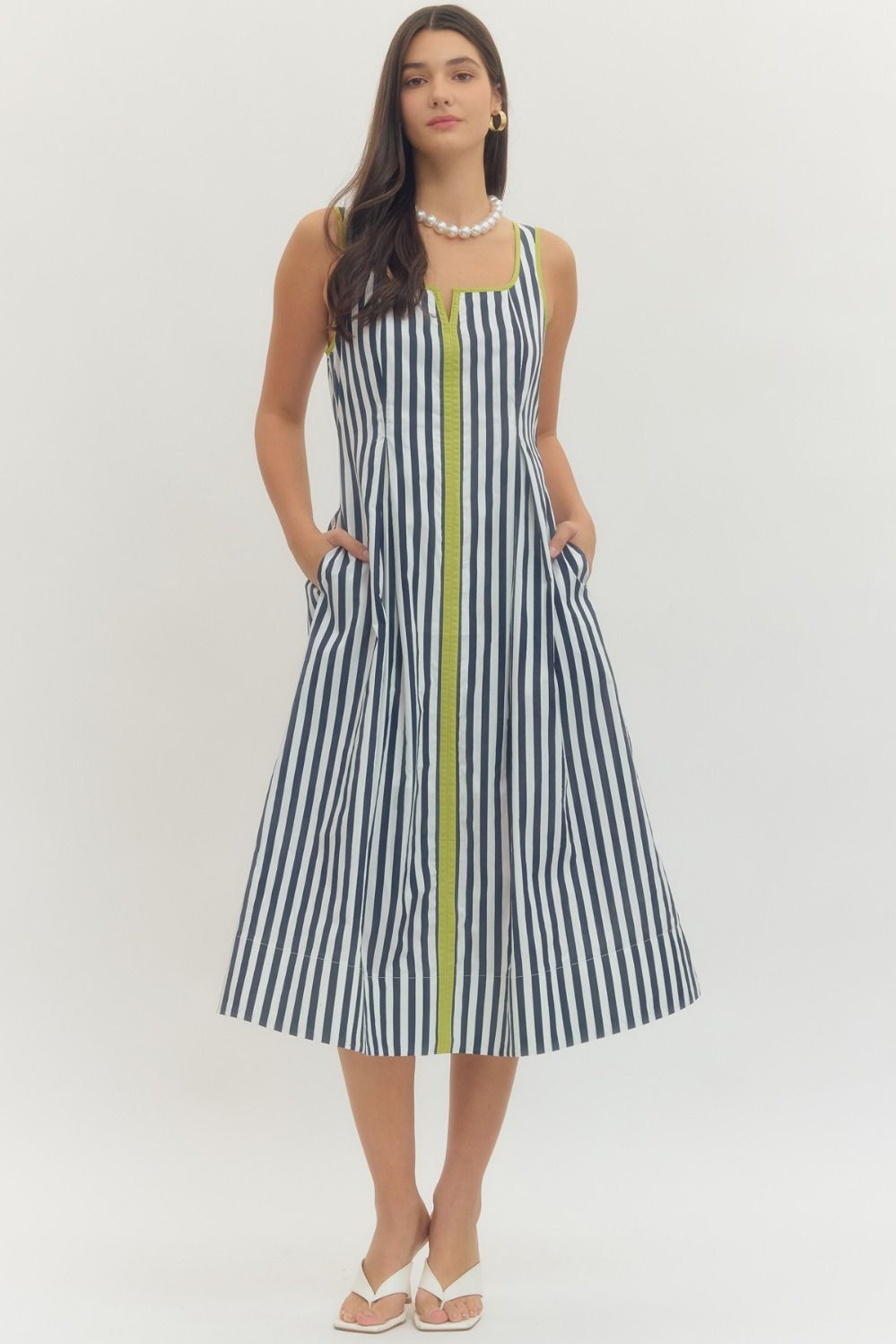 Stripe Sleeveless Midi Dress in Navy