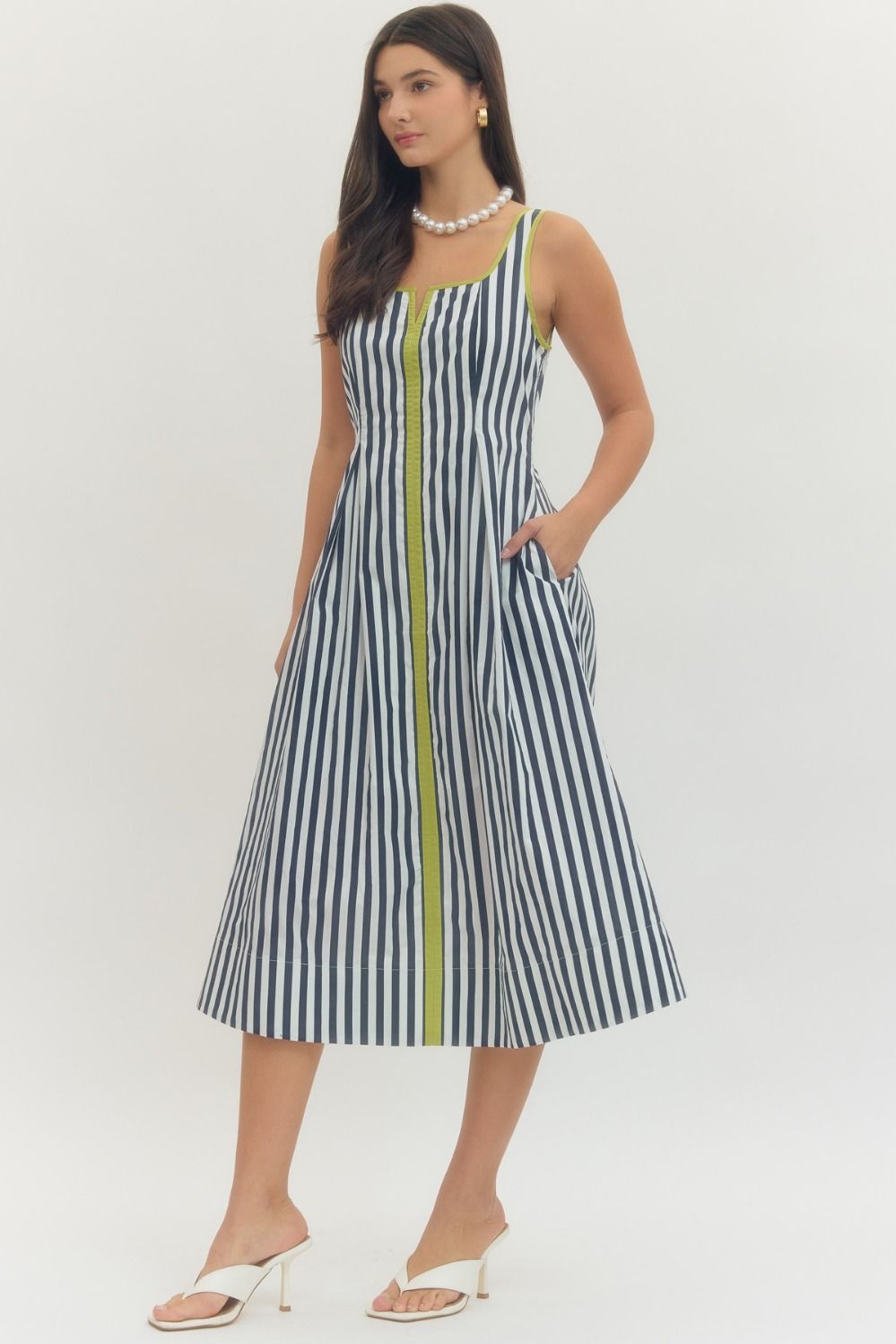Stripe Sleeveless Midi Dress in Navy