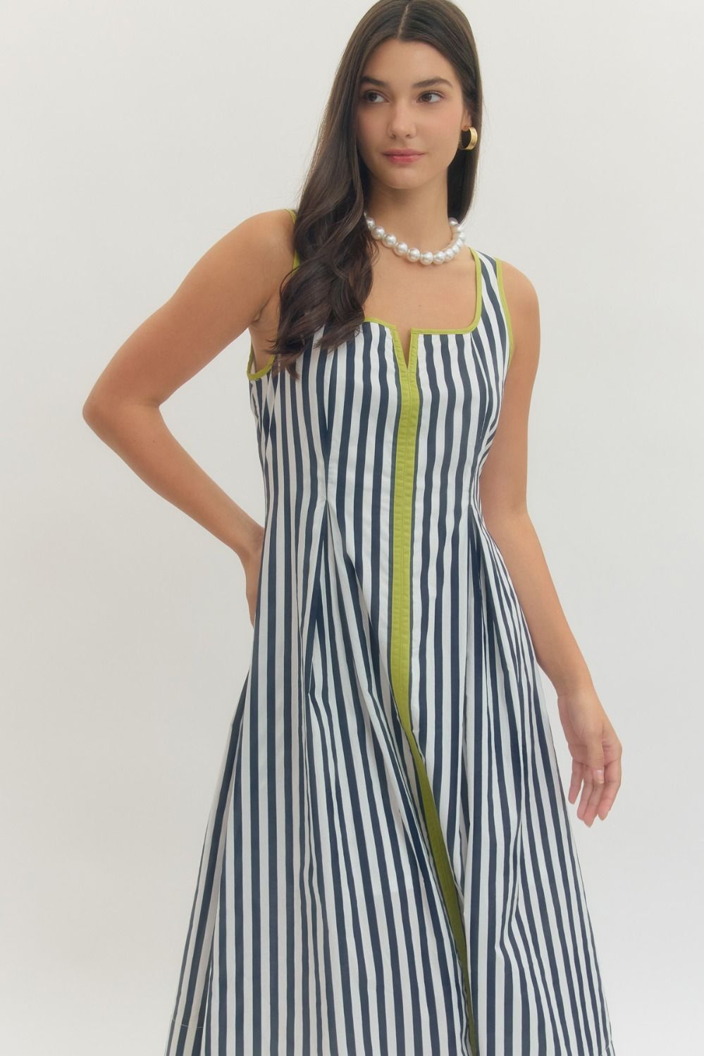 Stripe Sleeveless Midi Dress in Navy