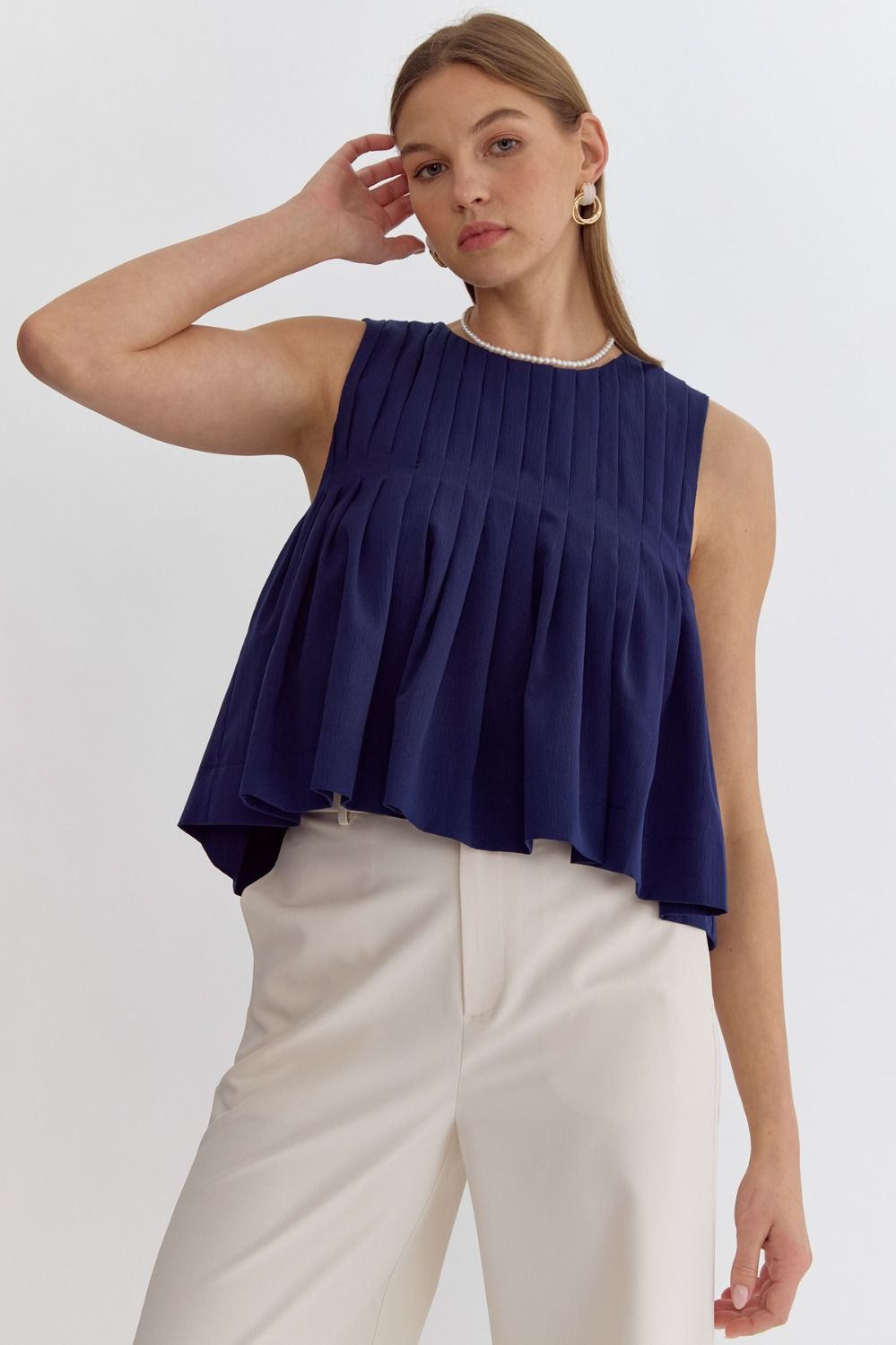 Pleated Sleeveless top in Navy