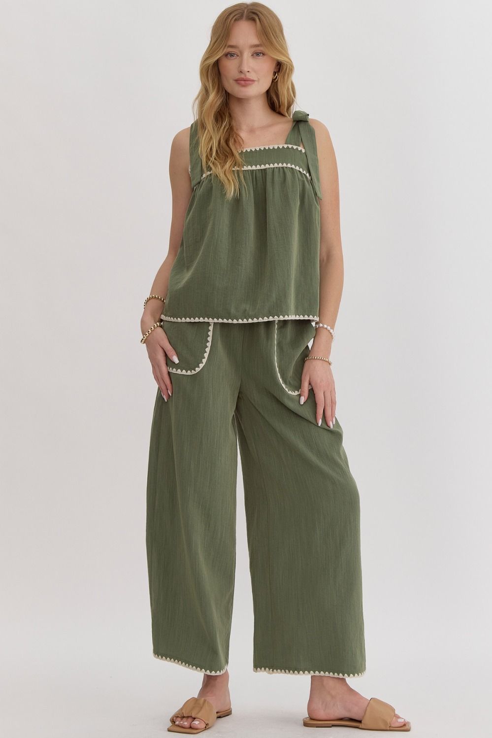 Detail Trim Top and Pant Set in Olive