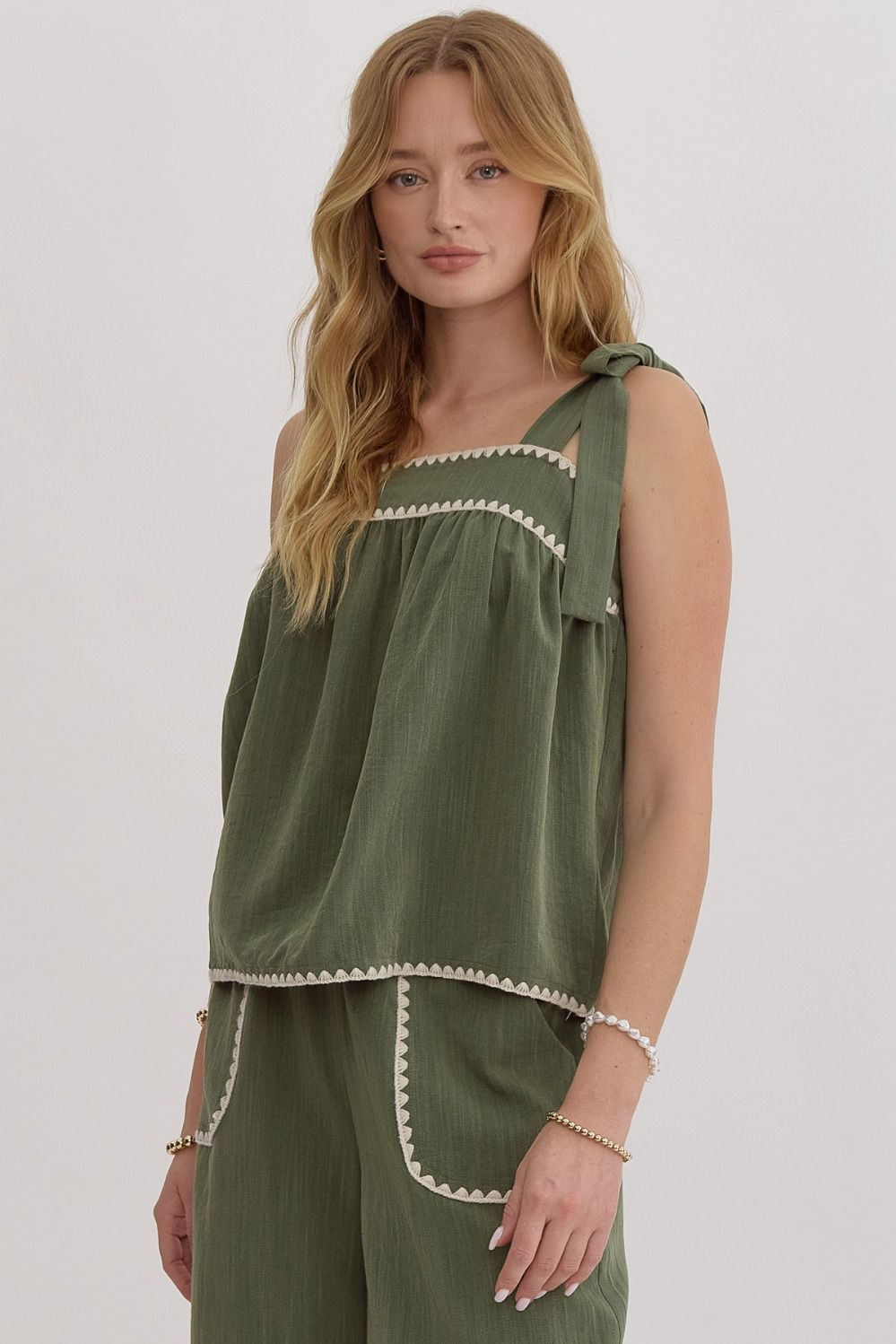 Detail Trim Top and Pant Set in Olive