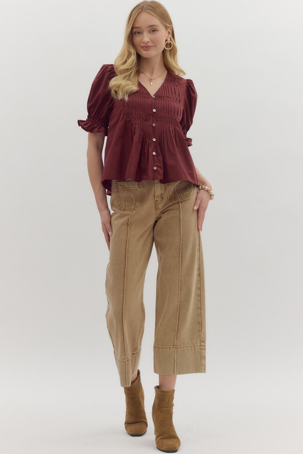 Woven Puff Sleeve Top in Burgundy