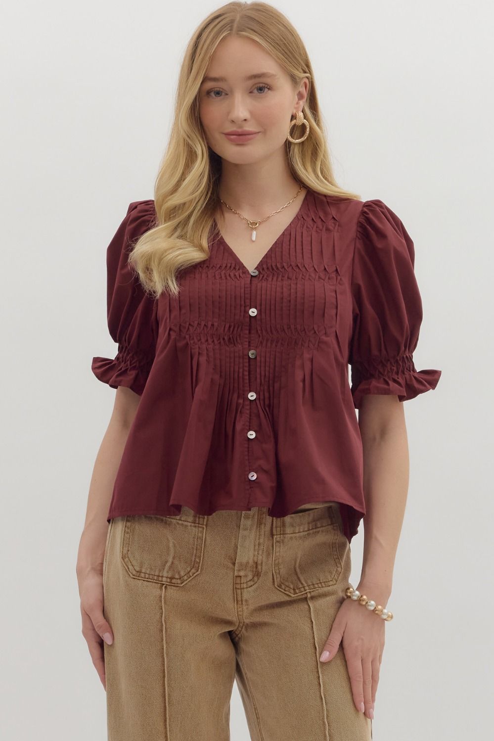 Woven Puff Sleeve Top in Burgundy