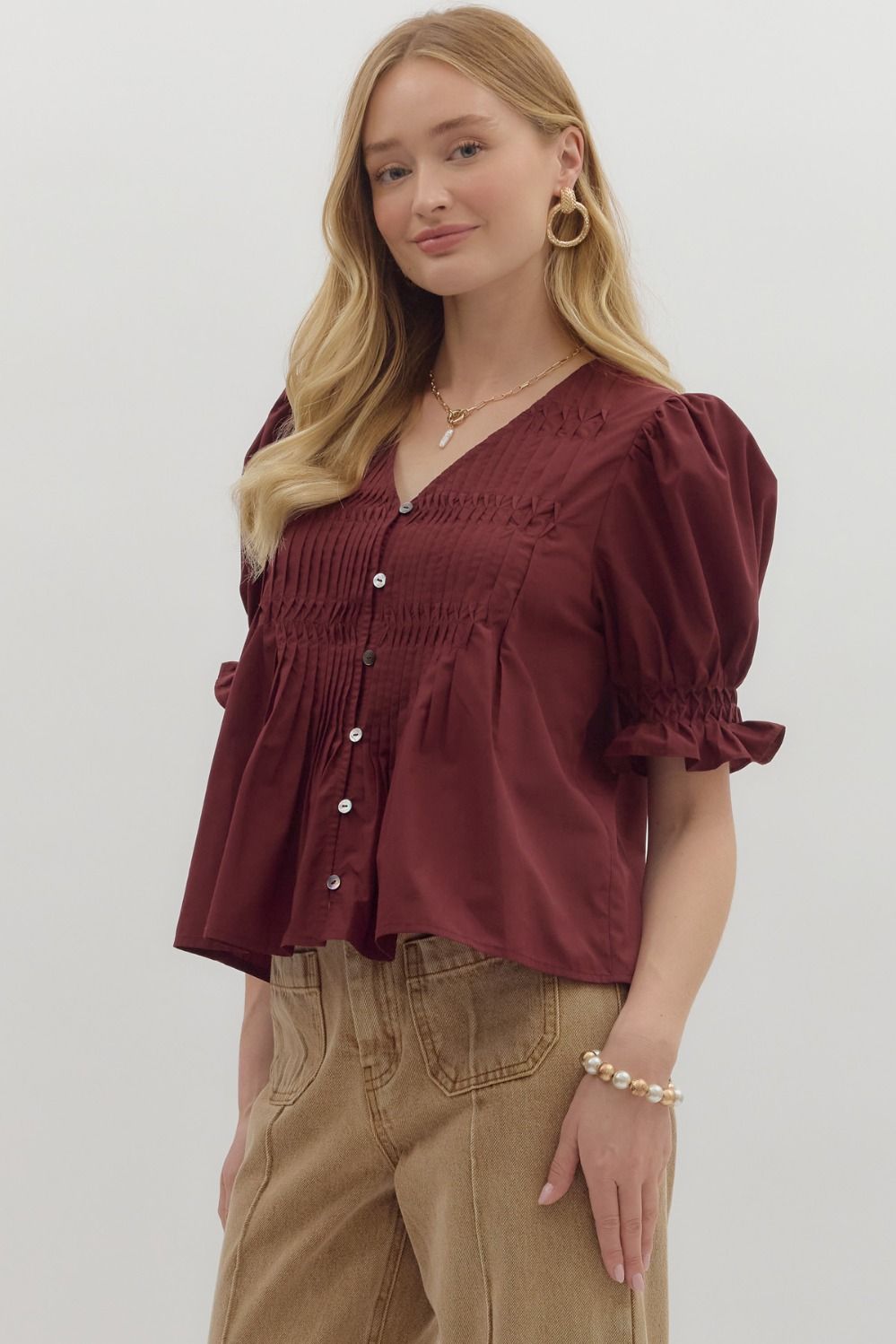 Woven Puff Sleeve Top in Burgundy