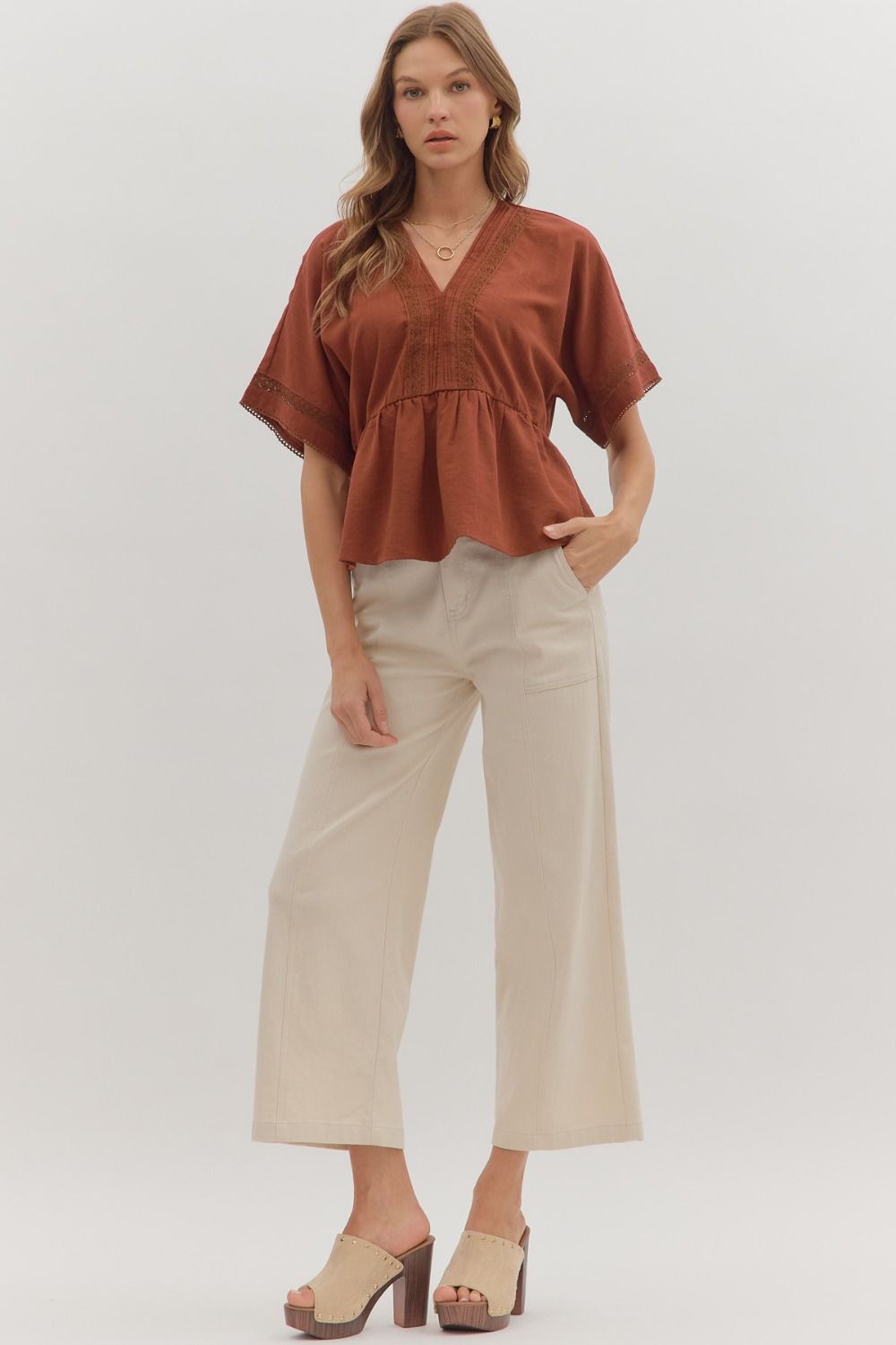 Pintuck Peplum Top in Terra Cotta