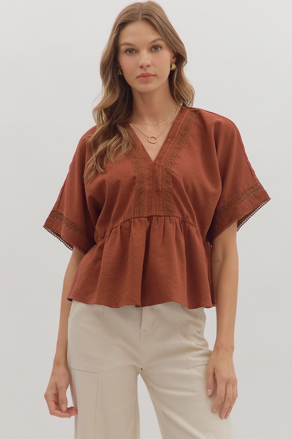 Pintuck Peplum Top in Terra Cotta