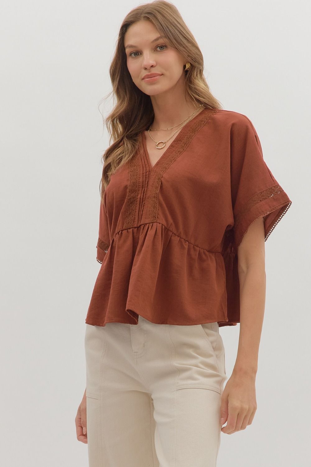 Pintuck Peplum Top in Terra Cotta