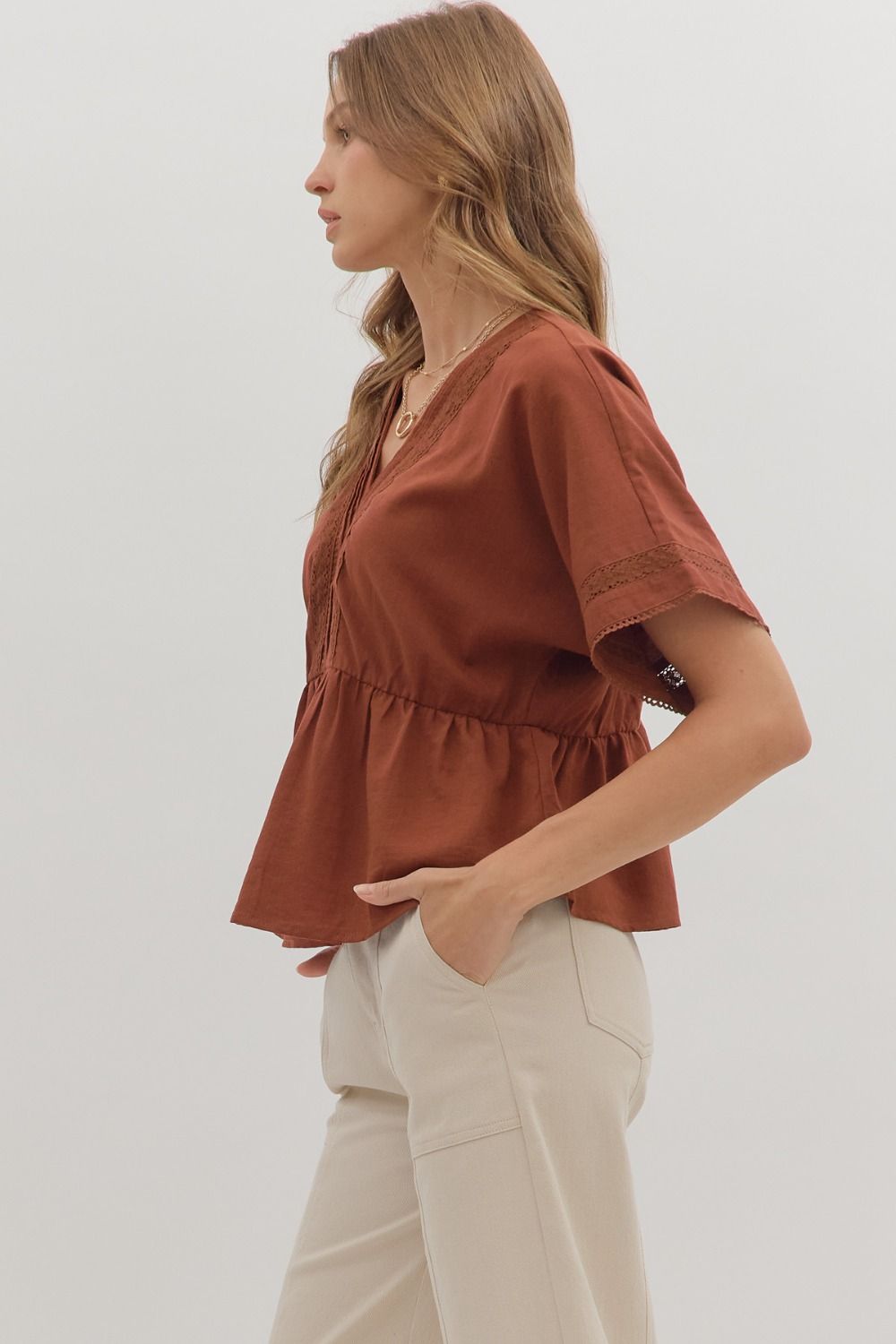 Pintuck Peplum Top in Terra Cotta