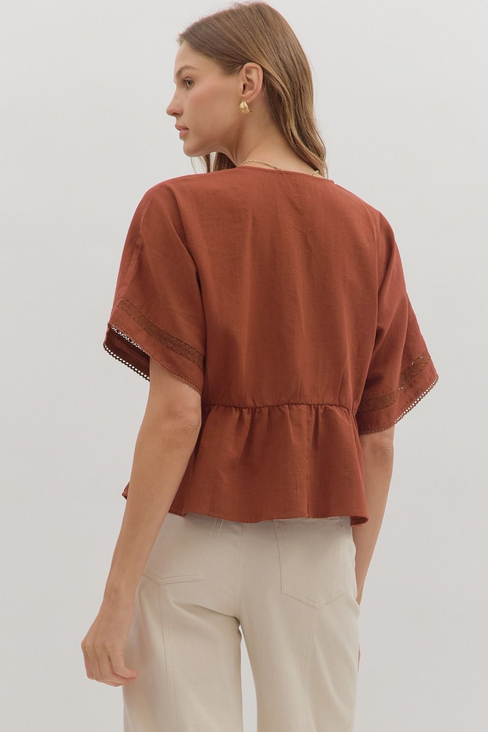Pintuck Peplum Top in Terra Cotta
