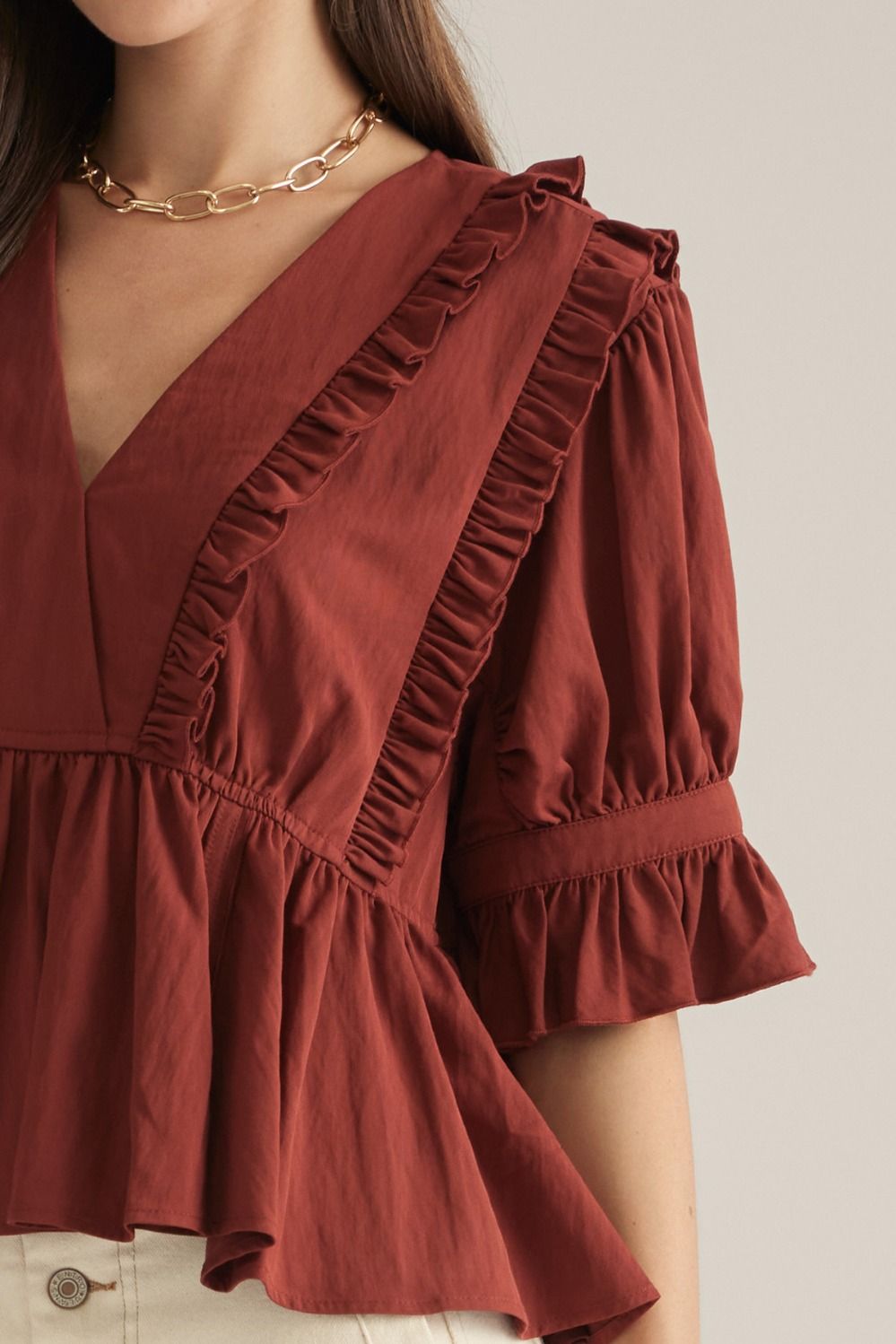 Ruffled V-Neck Top in Brick