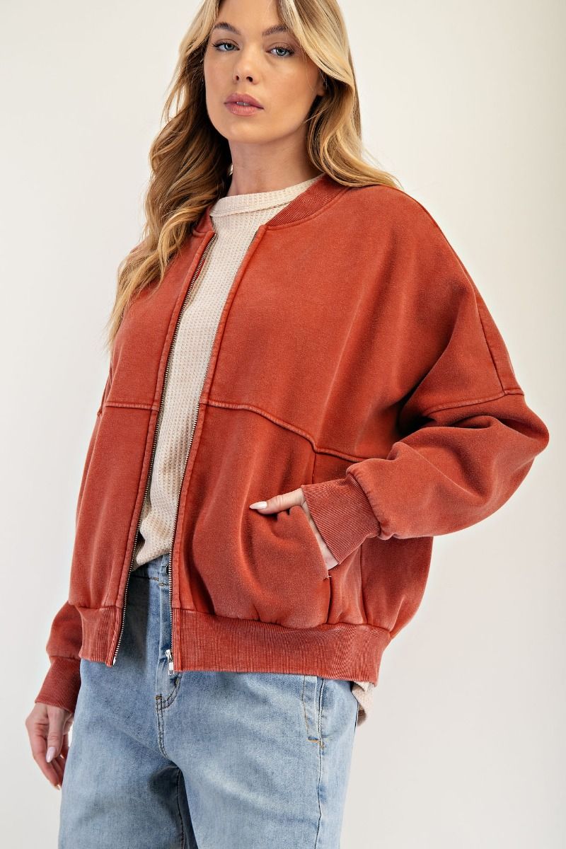 Mineral Washed Bomber Jacket in Rust