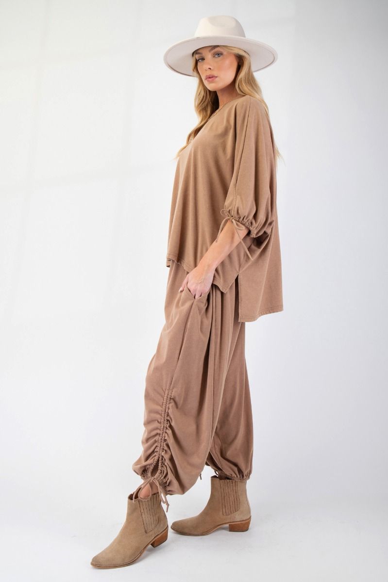 Mineral Washed Tie Hem Detail Pants in Latte