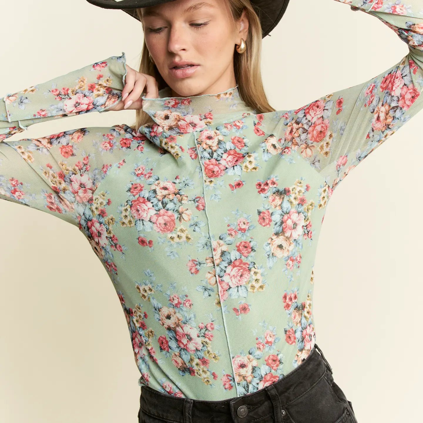 Mock Neck Floral Mesh Top in Light Sage