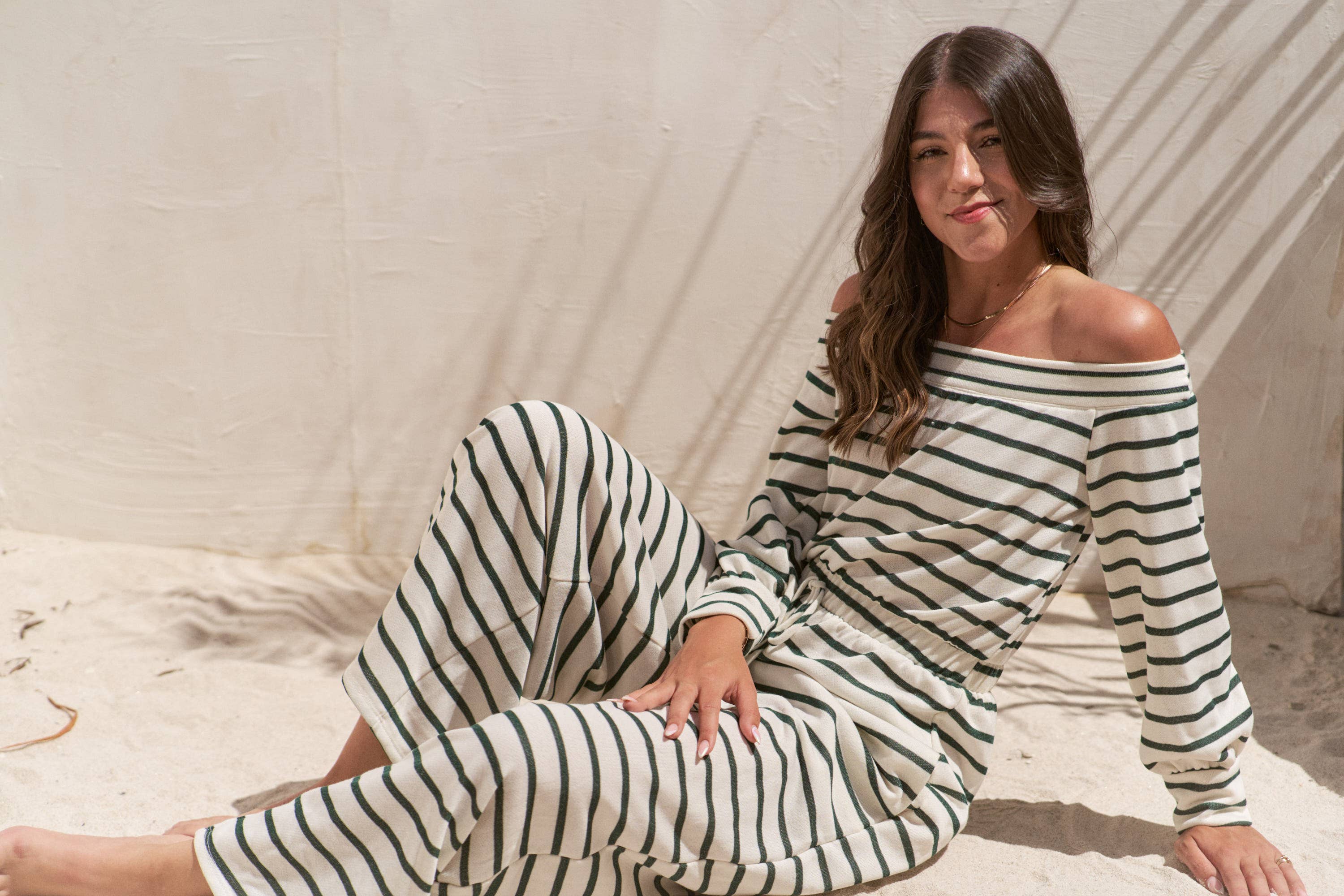 OFF-SHOULDER STRIPED TERRY JUMPSUIT in White/Green