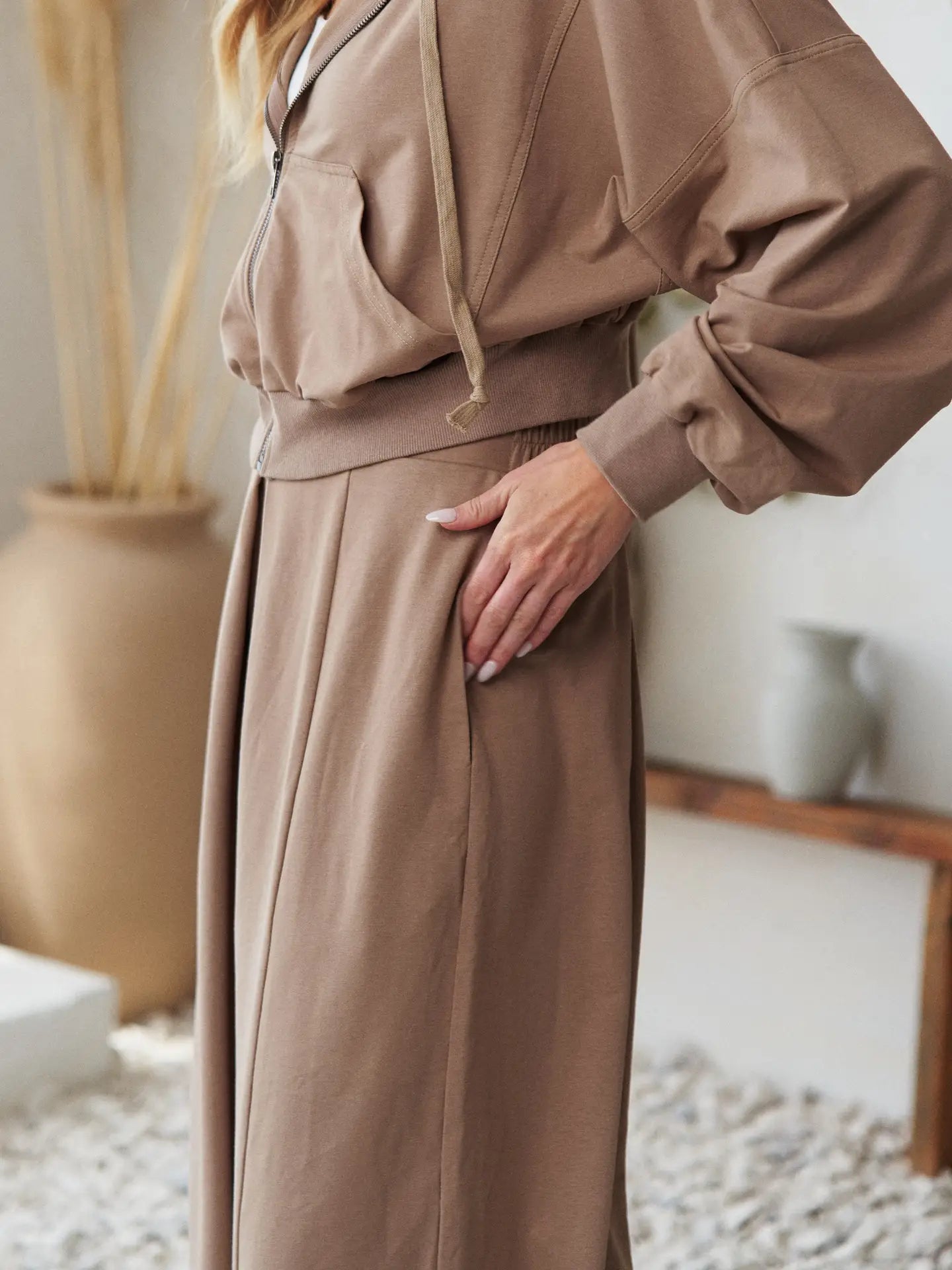 Wide Leg Pleated Pants with Hooded Jacket Set in Mocha