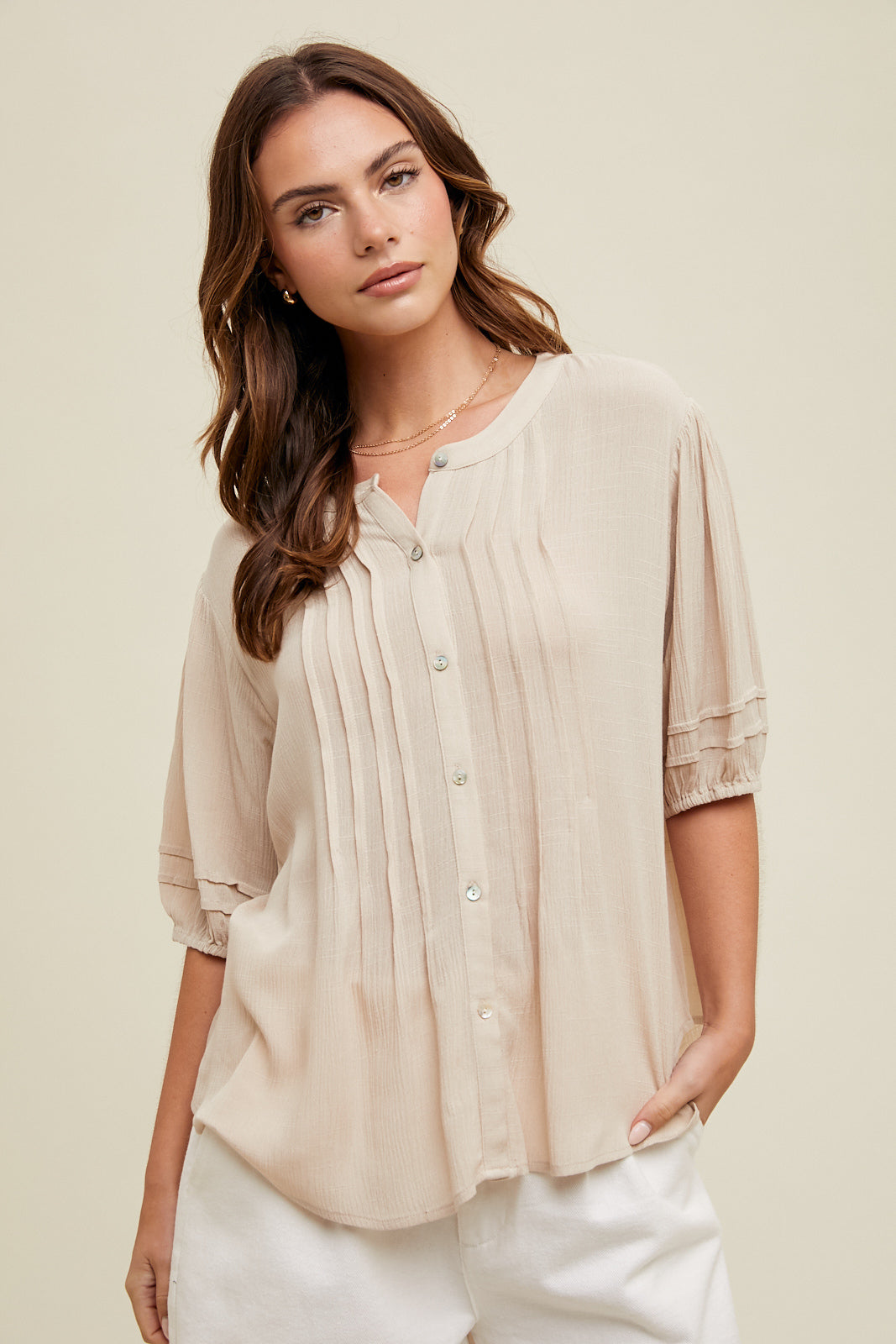 Balloon Sleeve Pleated Blouse in Two Colors