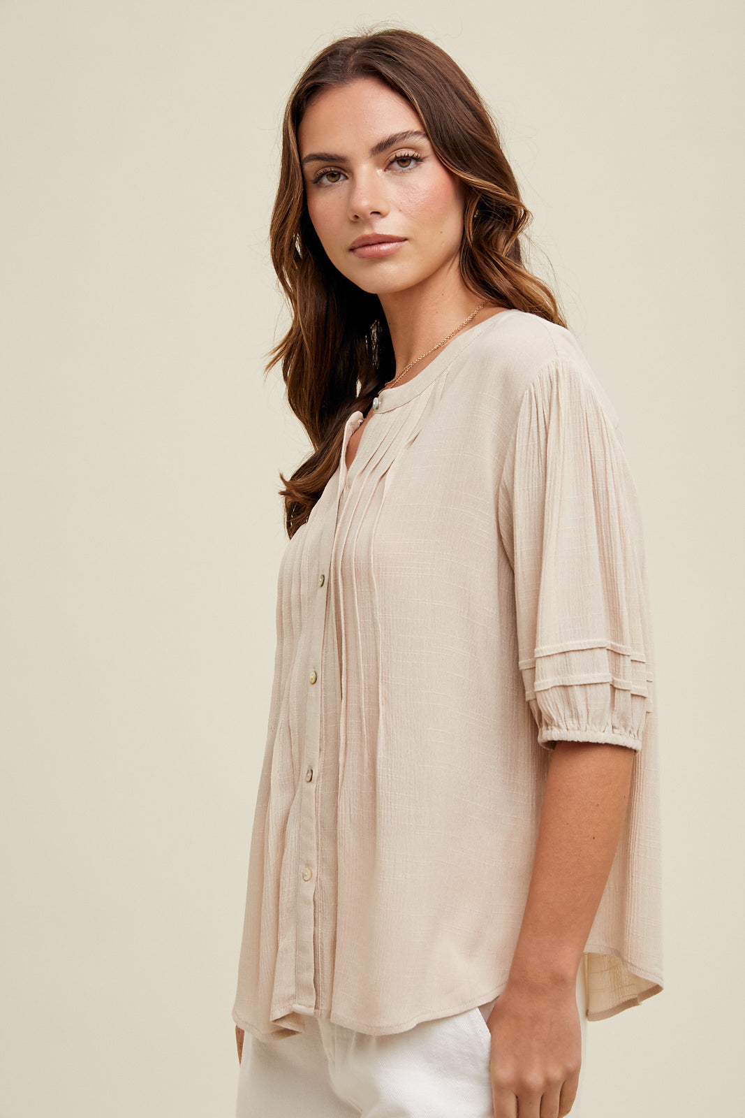 Balloon Sleeve Pleated Blouse in Two Colors