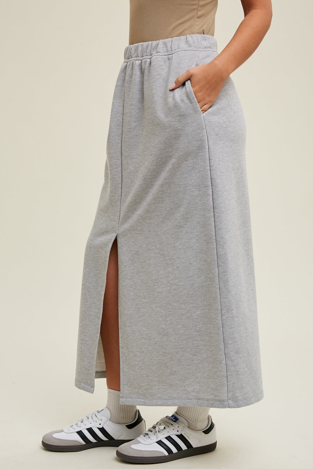 French Terry Midi Skirt in Heathered Grey