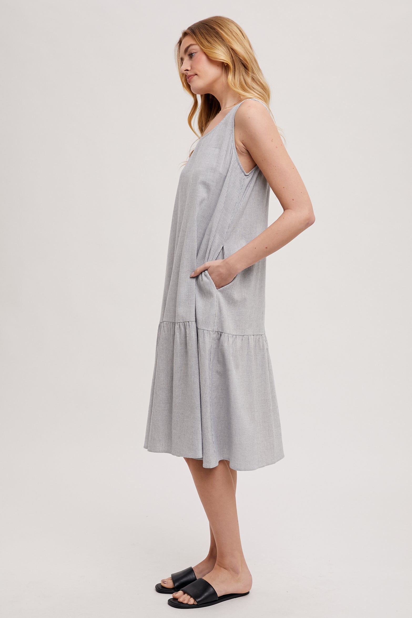 Pinstripe Midi Shift Dress in Blue and Ivory