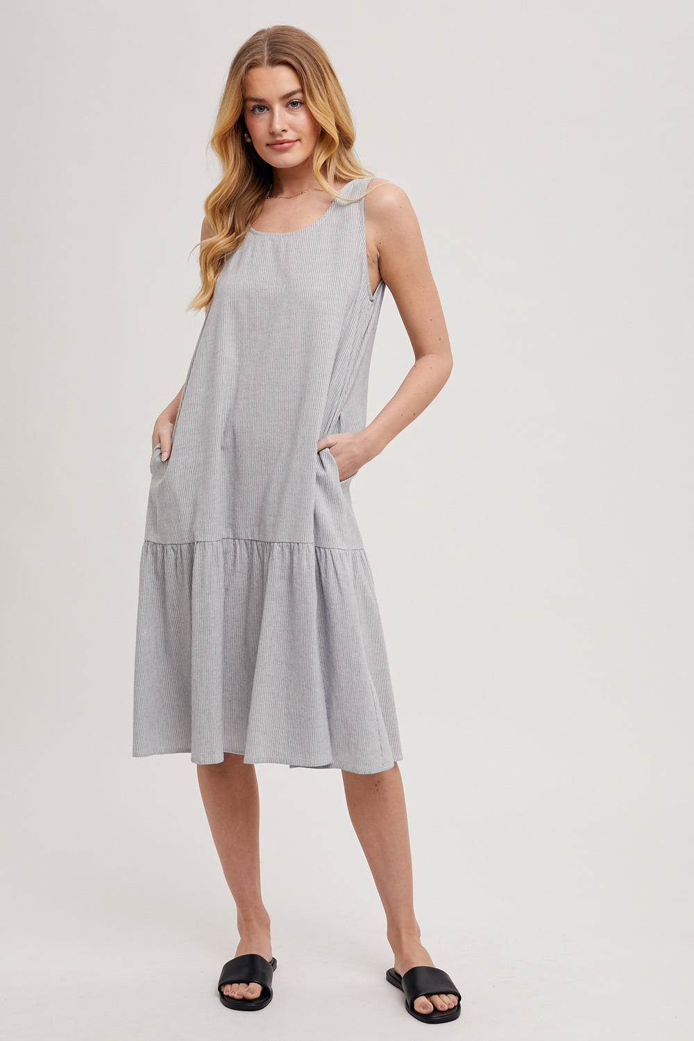 Pinstripe Midi Shift Dress in Blue and Ivory