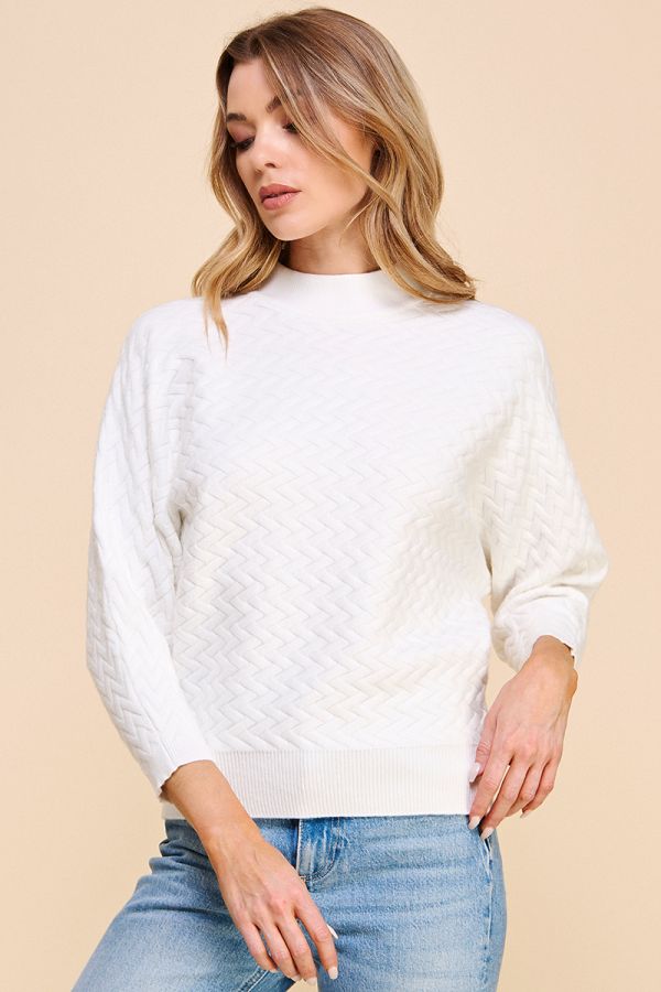 Jacquard Mock Neck Dolman Sweater in White