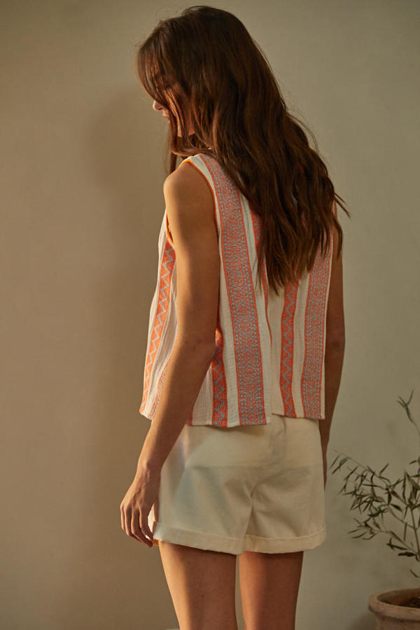 Woven Embroidered Sleeveless Top in Ivory and Coral