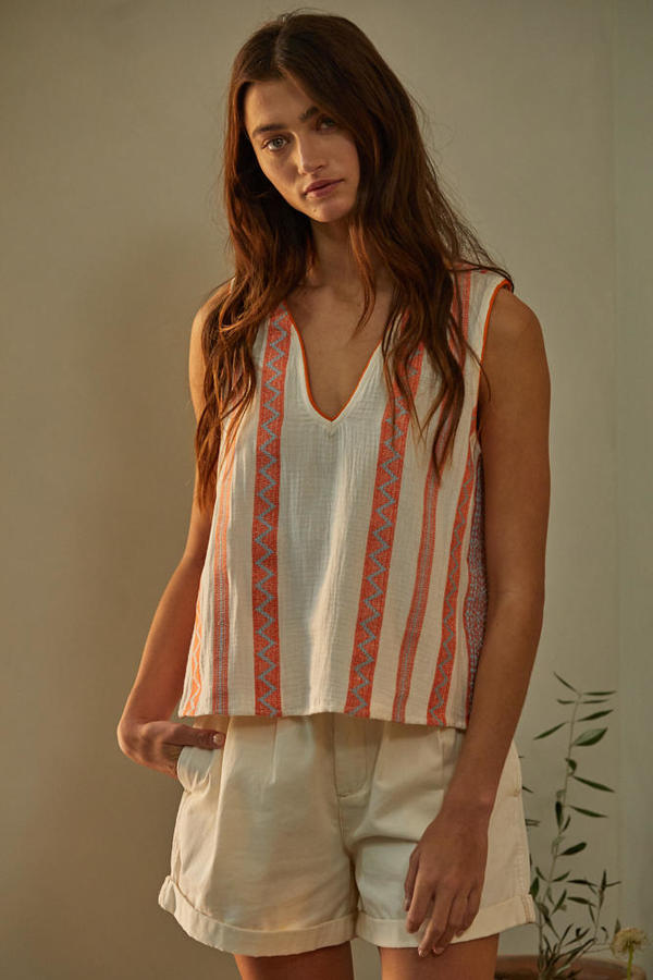 Woven Embroidered Sleeveless Top in Ivory and Coral