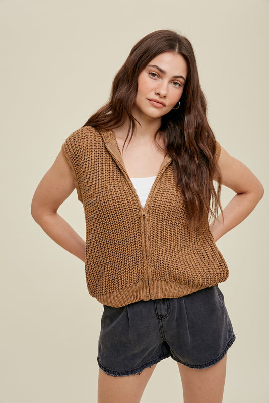 Open Knit Zip closure hooded vest in Mocha