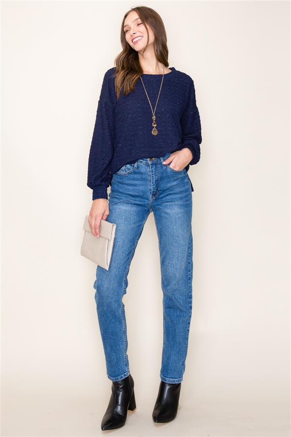 Embossed Navy Knit Top