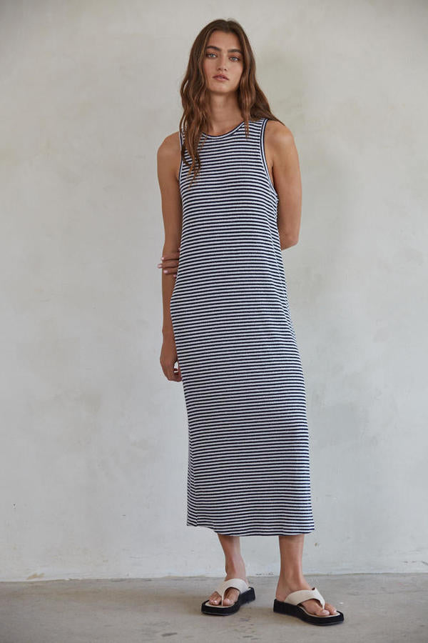 Knit Sleeveless Striped Dress in Navy and White