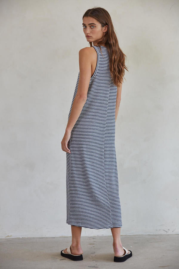 Knit Sleeveless Striped Dress in Navy and White