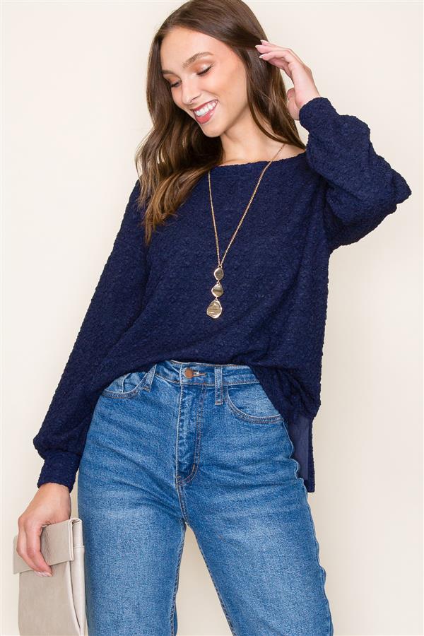 Embossed Navy Knit Top