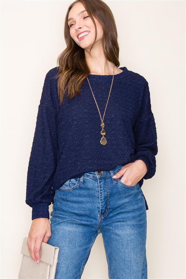 Embossed Navy Knit Top