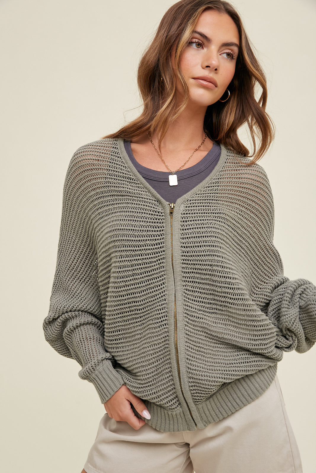 Open knit zip up cardigan