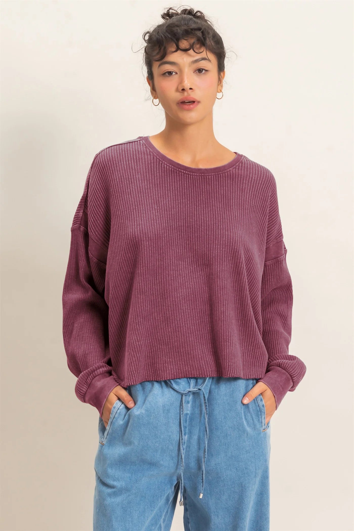 Waffle Knit Open Back Top in Dark Cherry