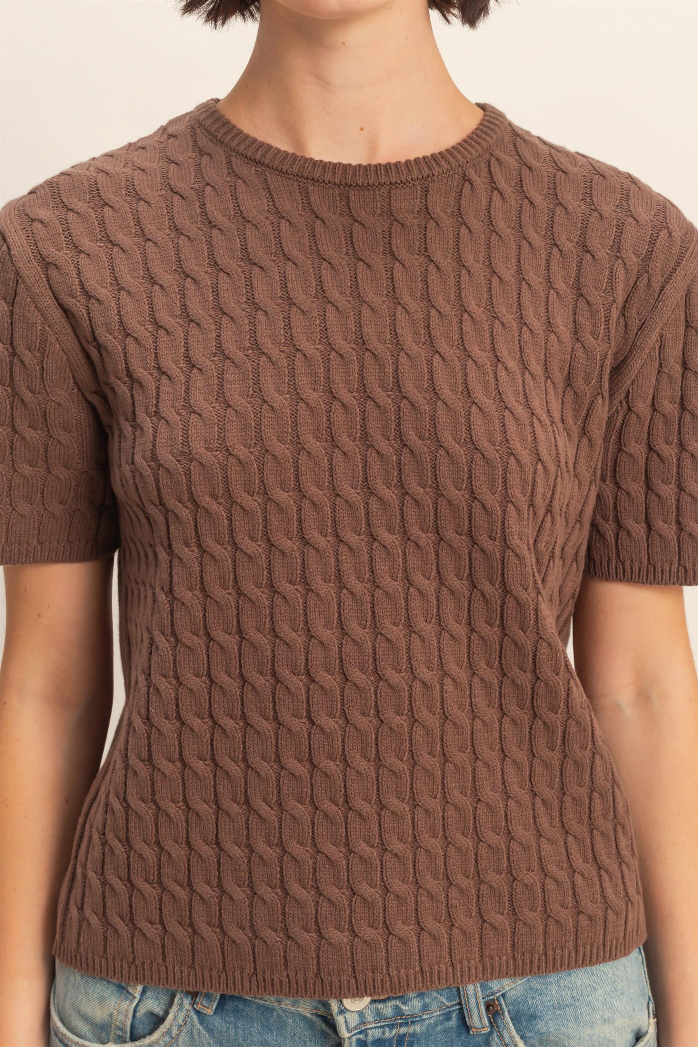 Cable Knit Short Sleeve Sweater in Chestnut
