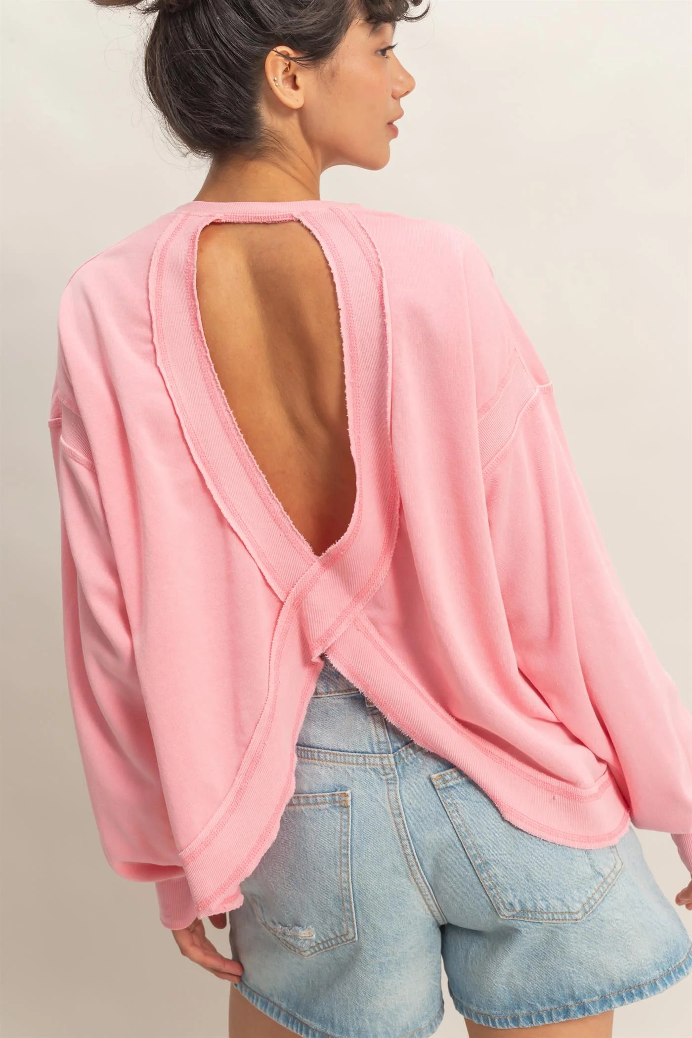 Terry Knit Open Back Top in Pink