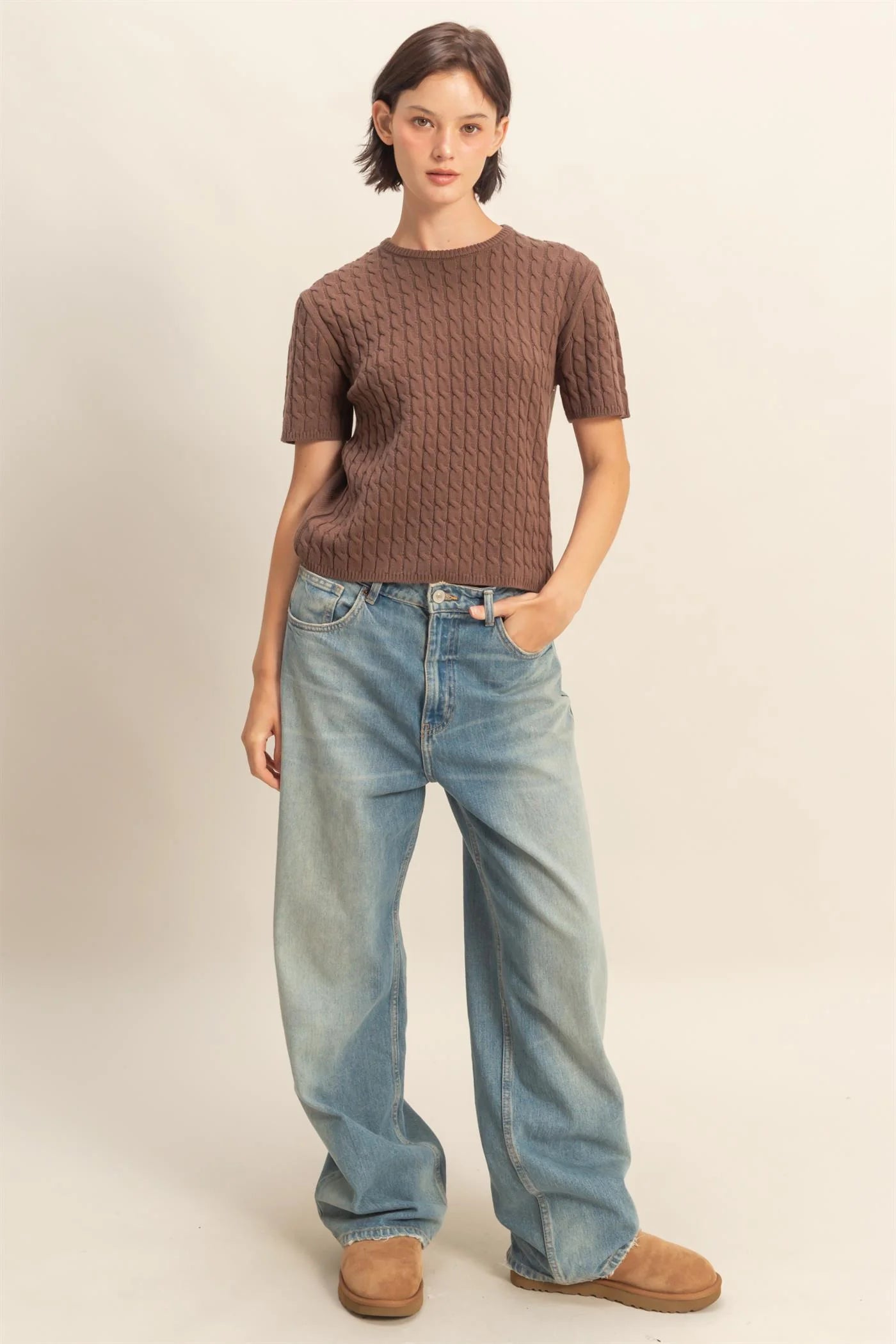 Cable Knit Short Sleeve Sweater in Chestnut