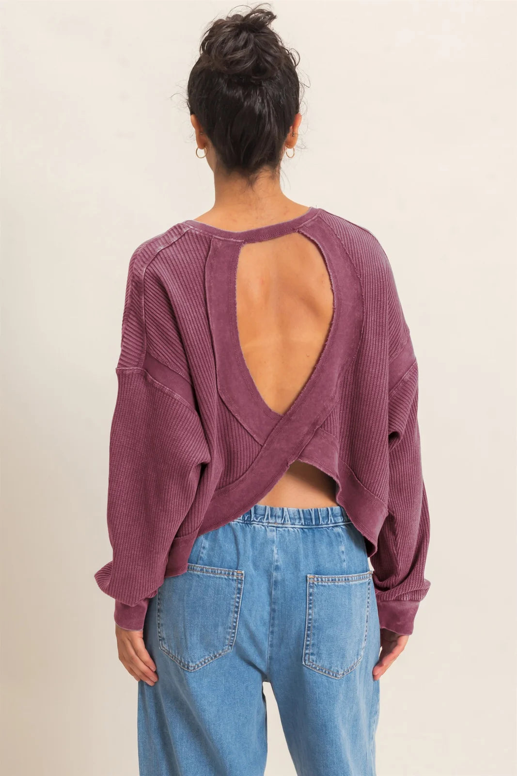 Waffle Knit Open Back Top in Dark Cherry