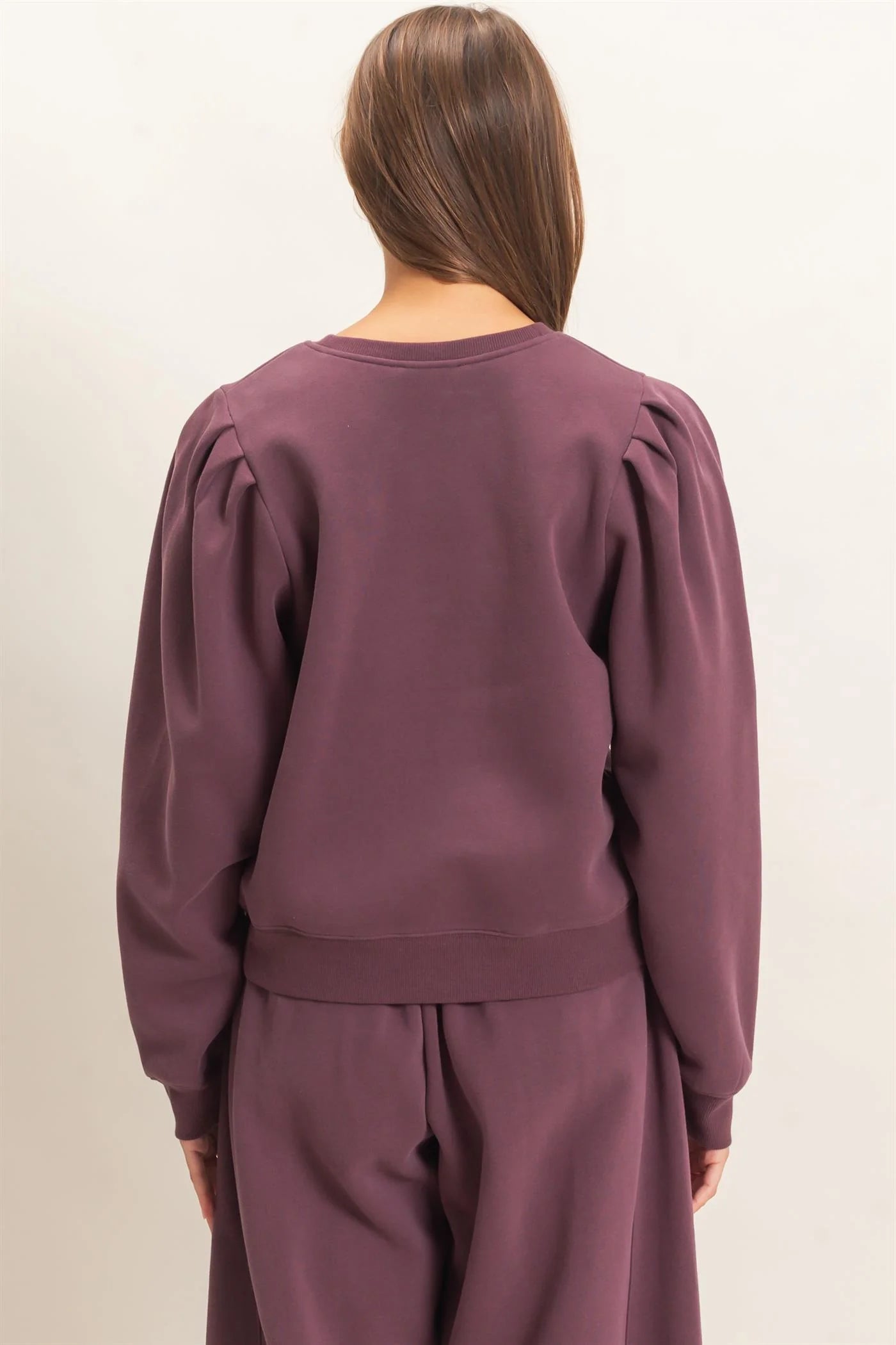 Puff Sleeve Crew Neck Sweatshirt in Cocoa