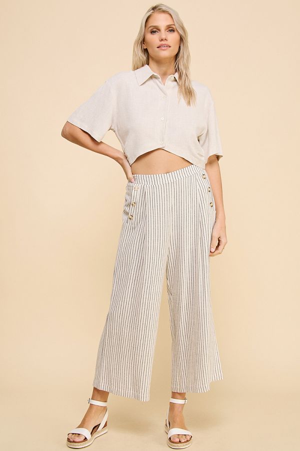 Pinstripe Linen Cropped Pants in Natural/Black