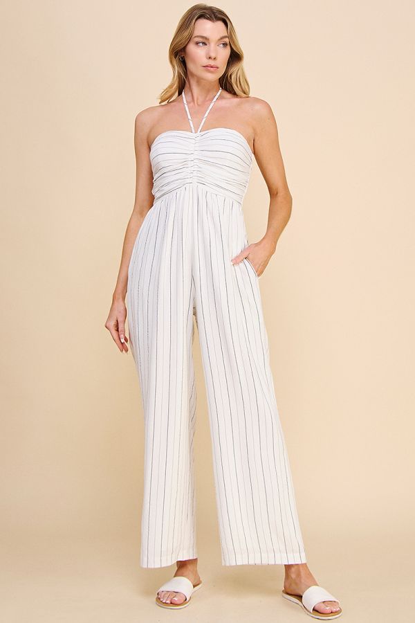 Halter Pinstripe Jumpsuit in Off White