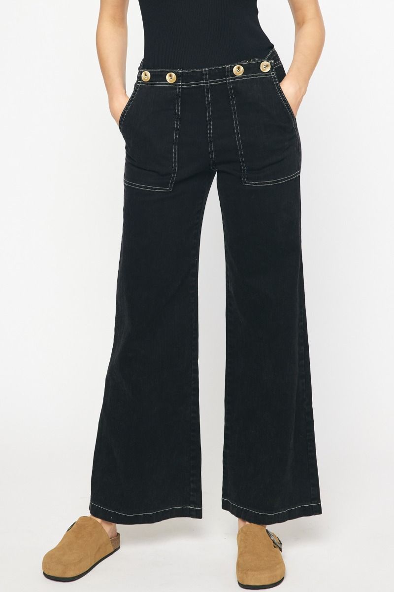 Button detail wide leg pant