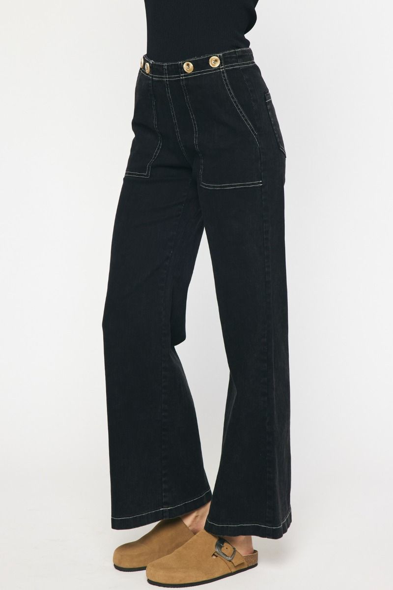 Button detail wide leg pant