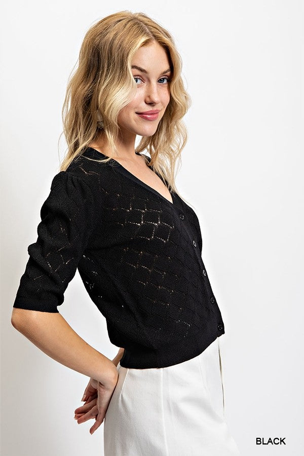 Pointelle Knitted Cardigan in Black