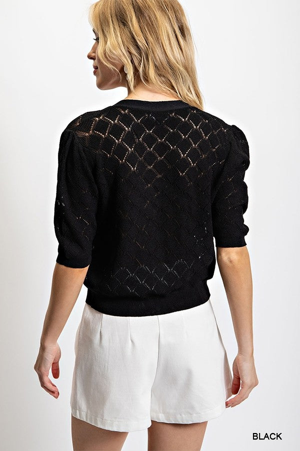 Pointelle Knitted Cardigan in Black